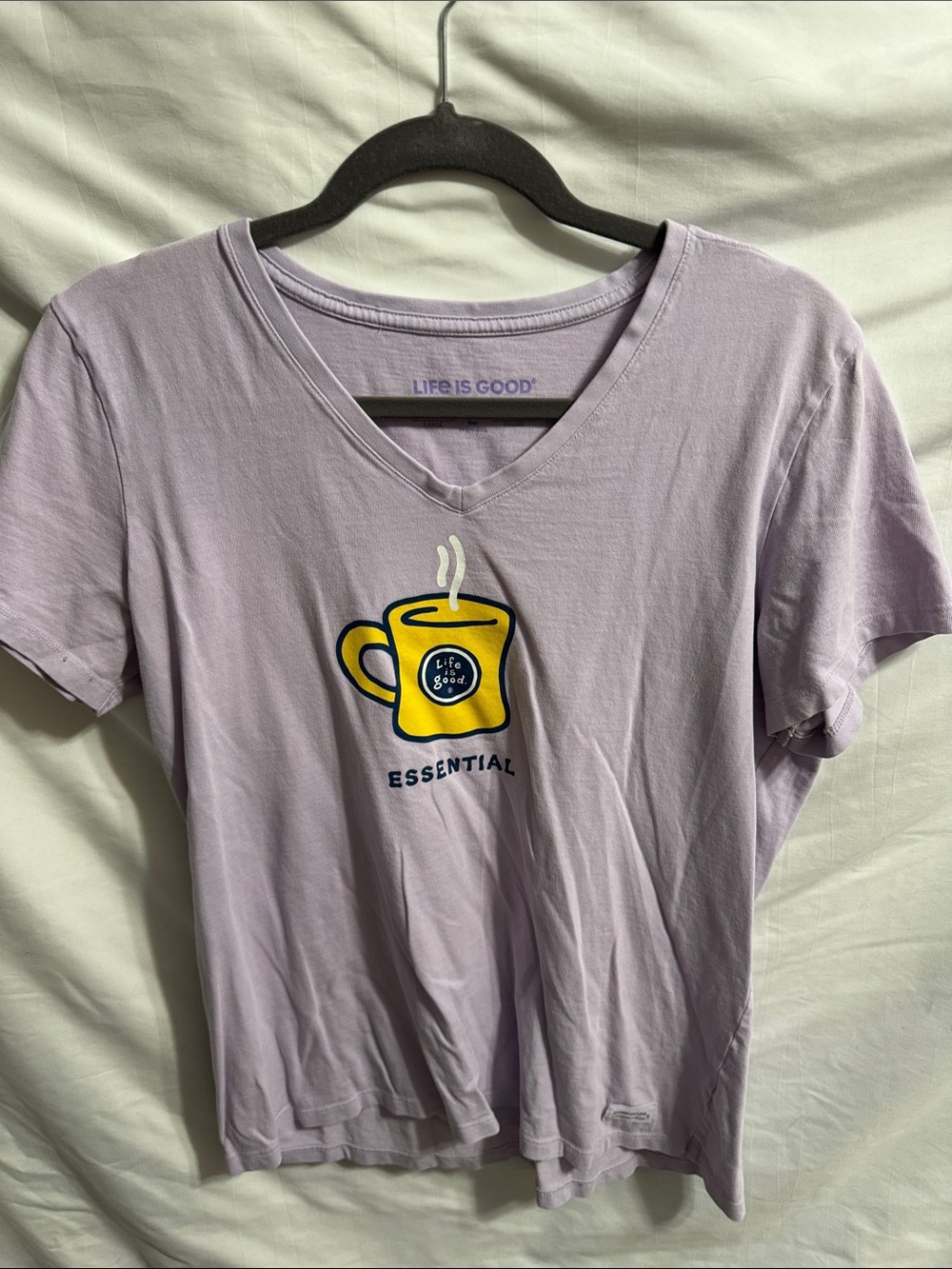 Life Is Good Lavender V-Neck Tee with Yellow Mug Graphic